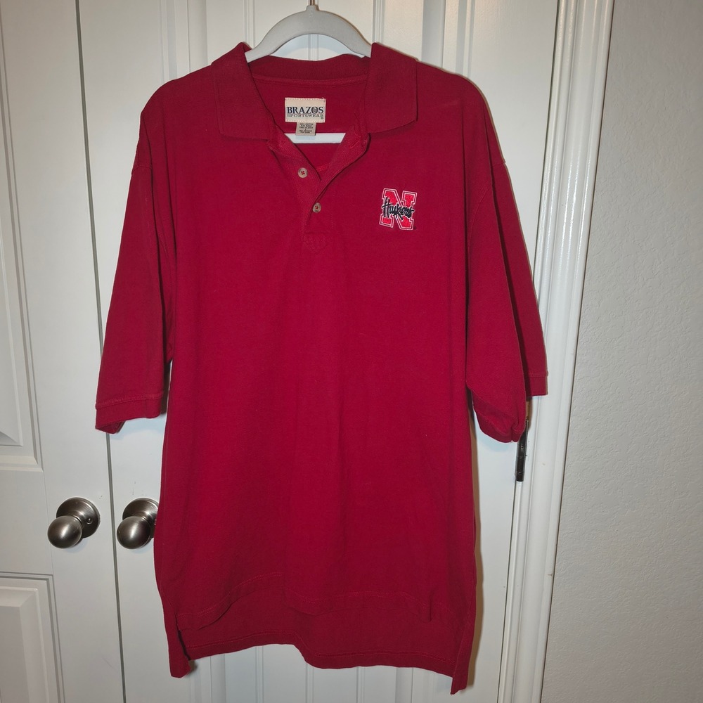 Vintage 90s Brazos Nebraska Huskers Polo Shirt Mens Large Red Cotton Sportswear